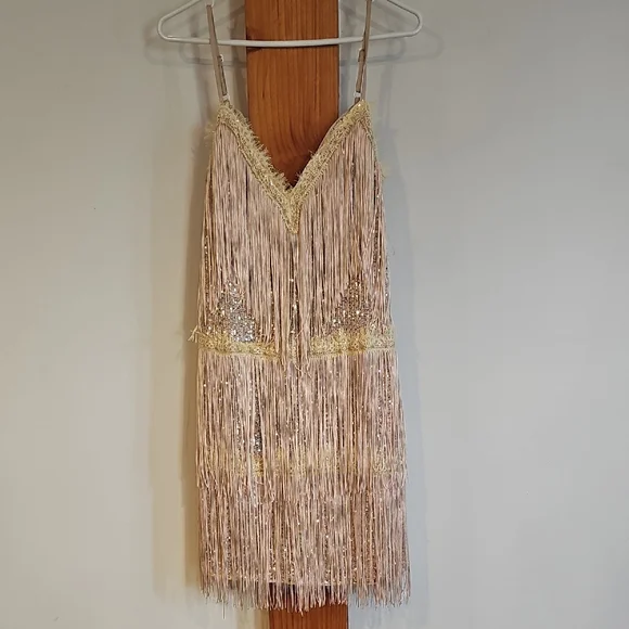 Gold and Cream Fringe Mini Flapper 40s Style Evening Dress - Picture 1 of 12